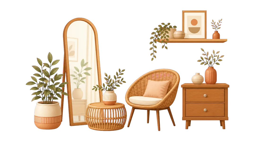 Intérieur chaleureux et bien organisé : fauteuil en rotin, miroir, commode et plantes